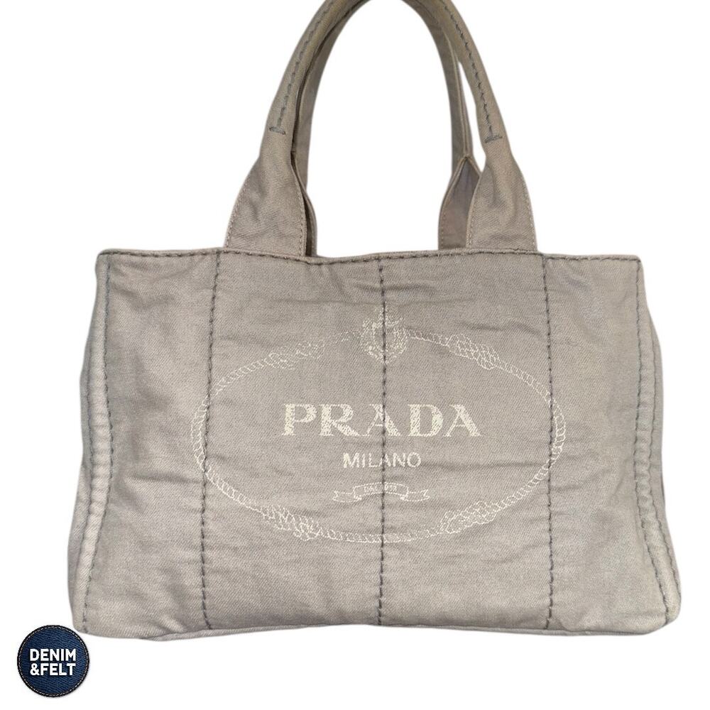 Prada Canapa Grey Canvas Logo Tote Bag Top Handle Everyday Casual Designer Purse